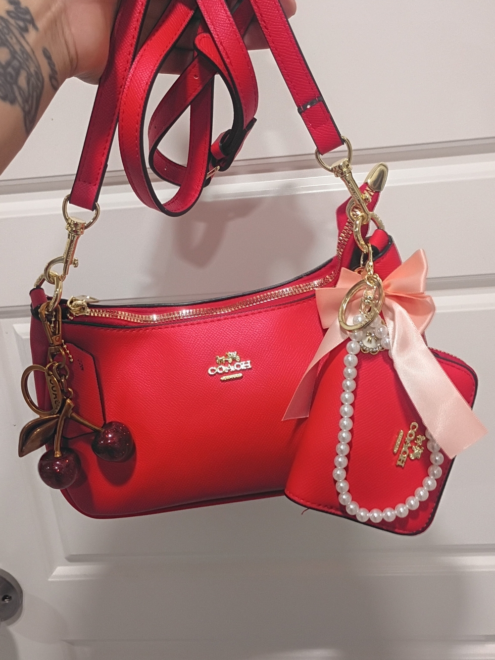 Coach Red Leather Crossbody Bag with Charm Pouch